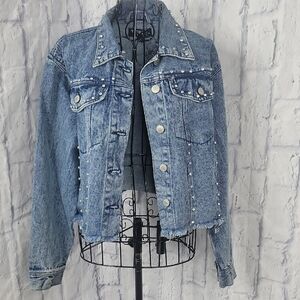 Thrills Blue Studded Distressed Cropped Denim‎ Jean Jacket Medium